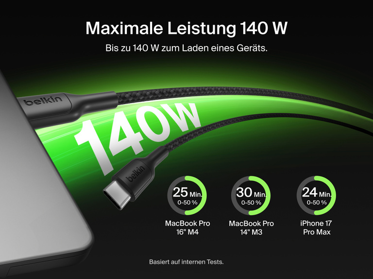 Das geflochtene Belkin BoostCharge Pro USB-C-Doppelkabel unterst&uuml;tzt bis zu 140&nbsp;W Leistung zum schnellen Laden eines Ger&auml;ts, etwa Laptop oder Smartphone.